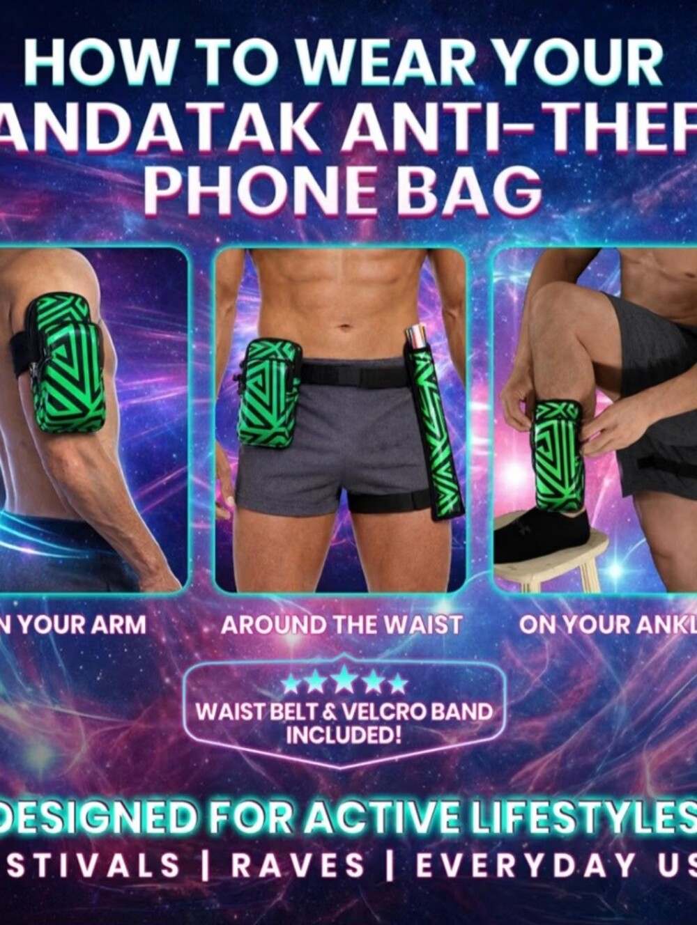 PANDATALK Anti-Theft Phone Bag – Green Geometric Wearable Pouch